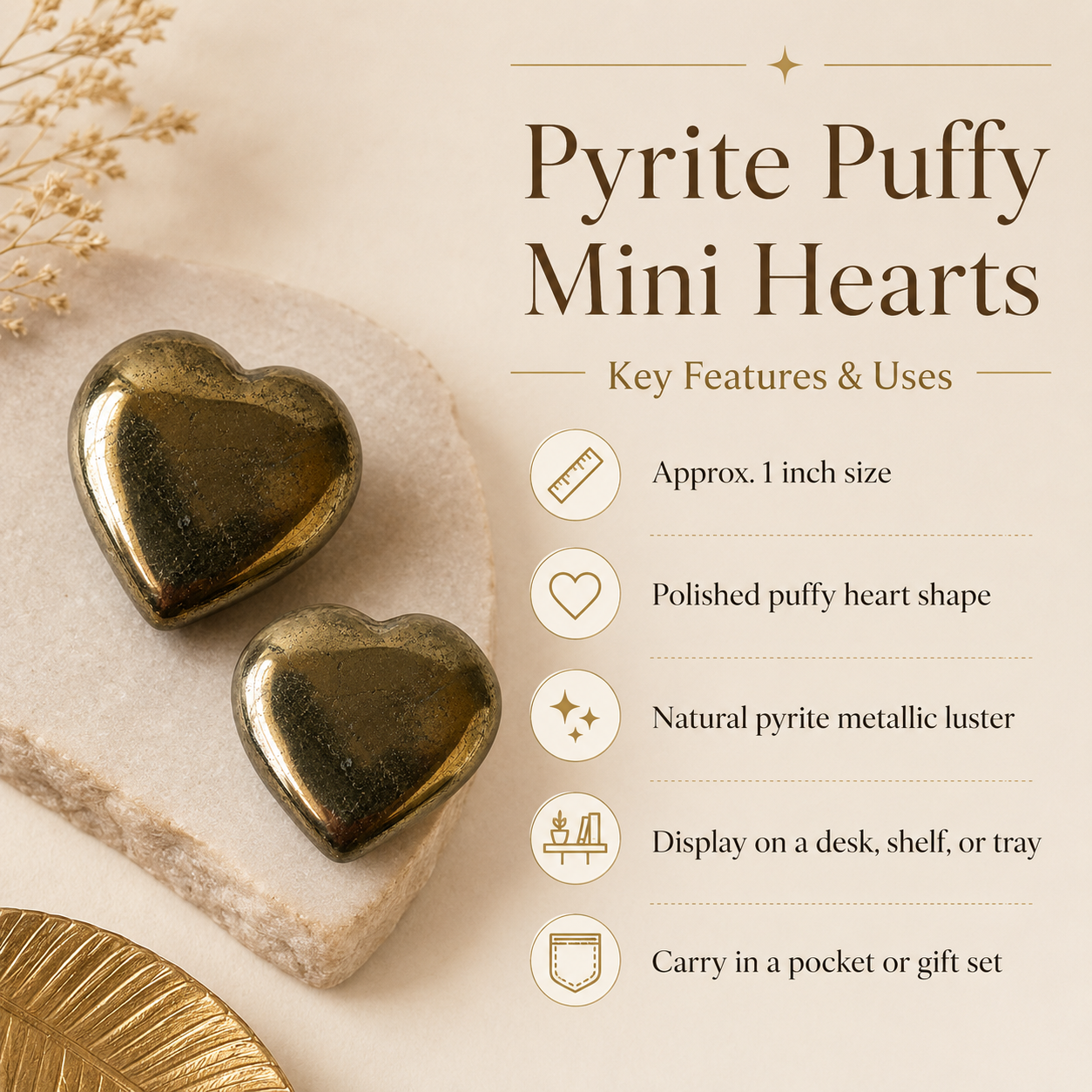 Pyrite Heart Crystal, Puffy Mini 1 Inch Pocket Crystal Heart  DestGlow