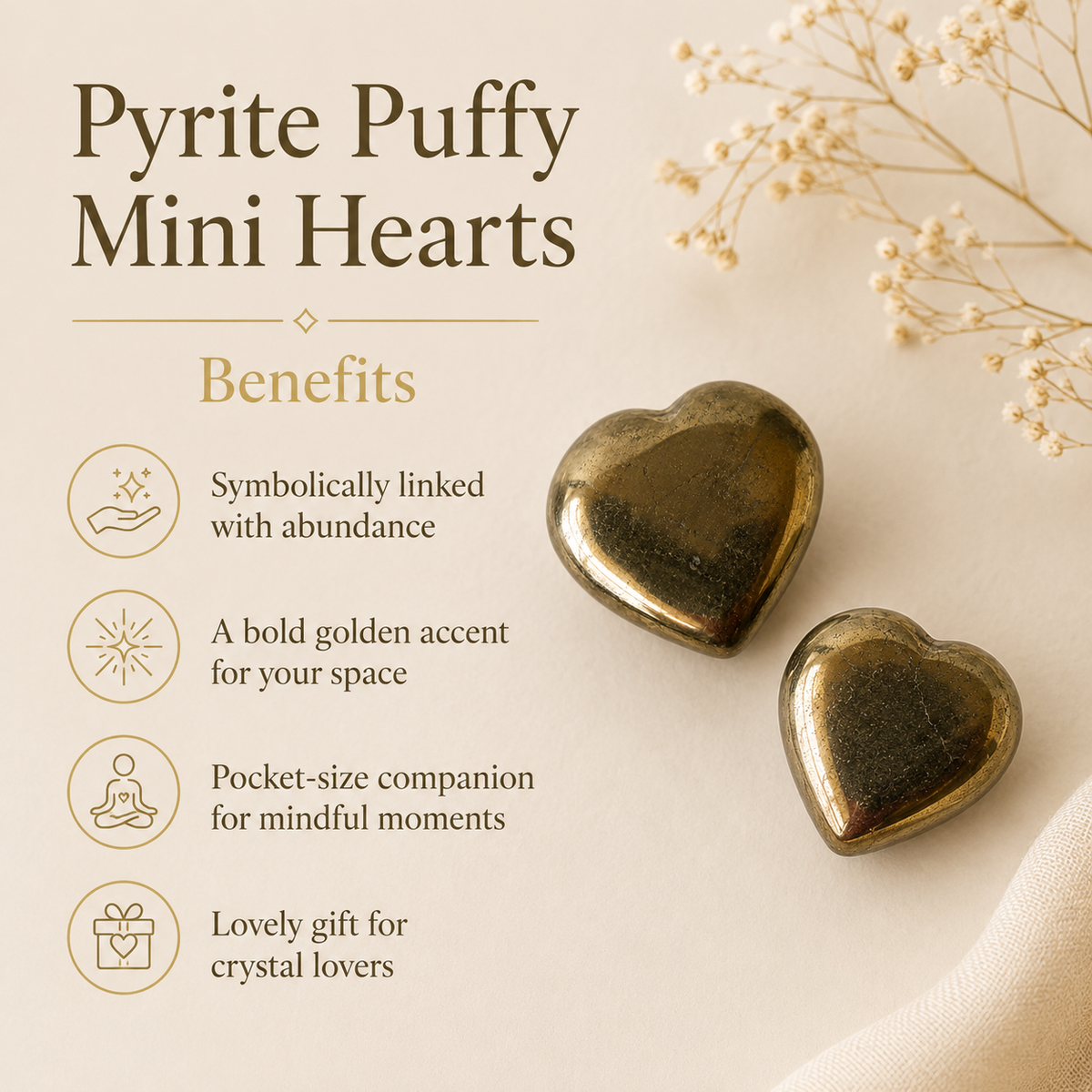 Pyrite Heart Crystal, Puffy Mini 1 Inch Pocket Crystal Heart  DestGlow