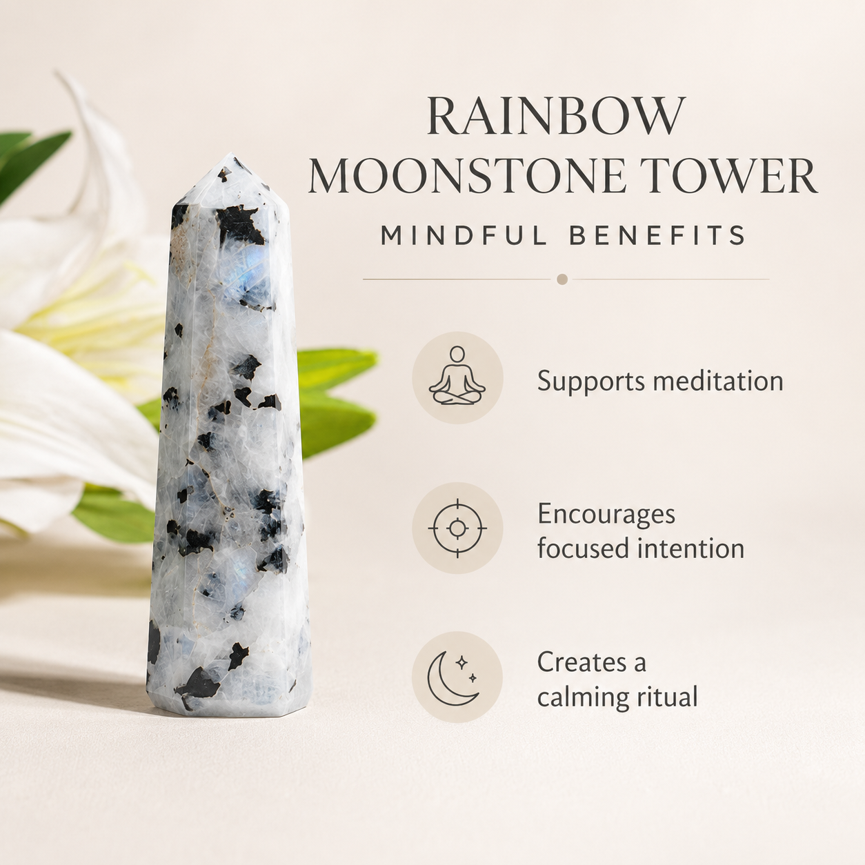 Rainbow Moonstone Tower Point (Creativity and Compassion)  DestGlow