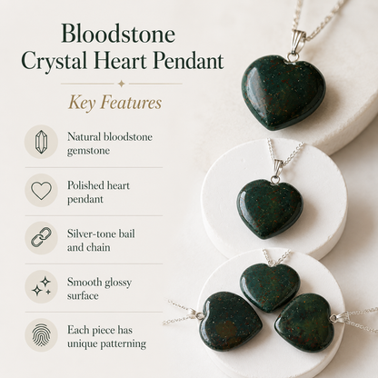Real Bloodstone Crystal Heart Pendant, Genuine Heart Shaped Necklaces  DestGlow