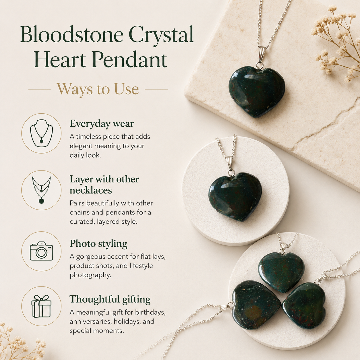 Real Bloodstone Crystal Heart Pendant, Genuine Heart Shaped Necklaces  DestGlow
