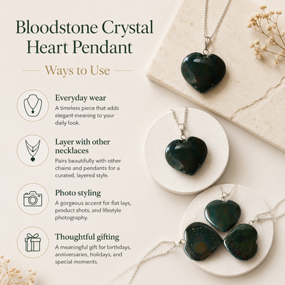 Real Bloodstone Crystal Heart Pendant, Genuine Heart Shaped Necklaces  DestGlow