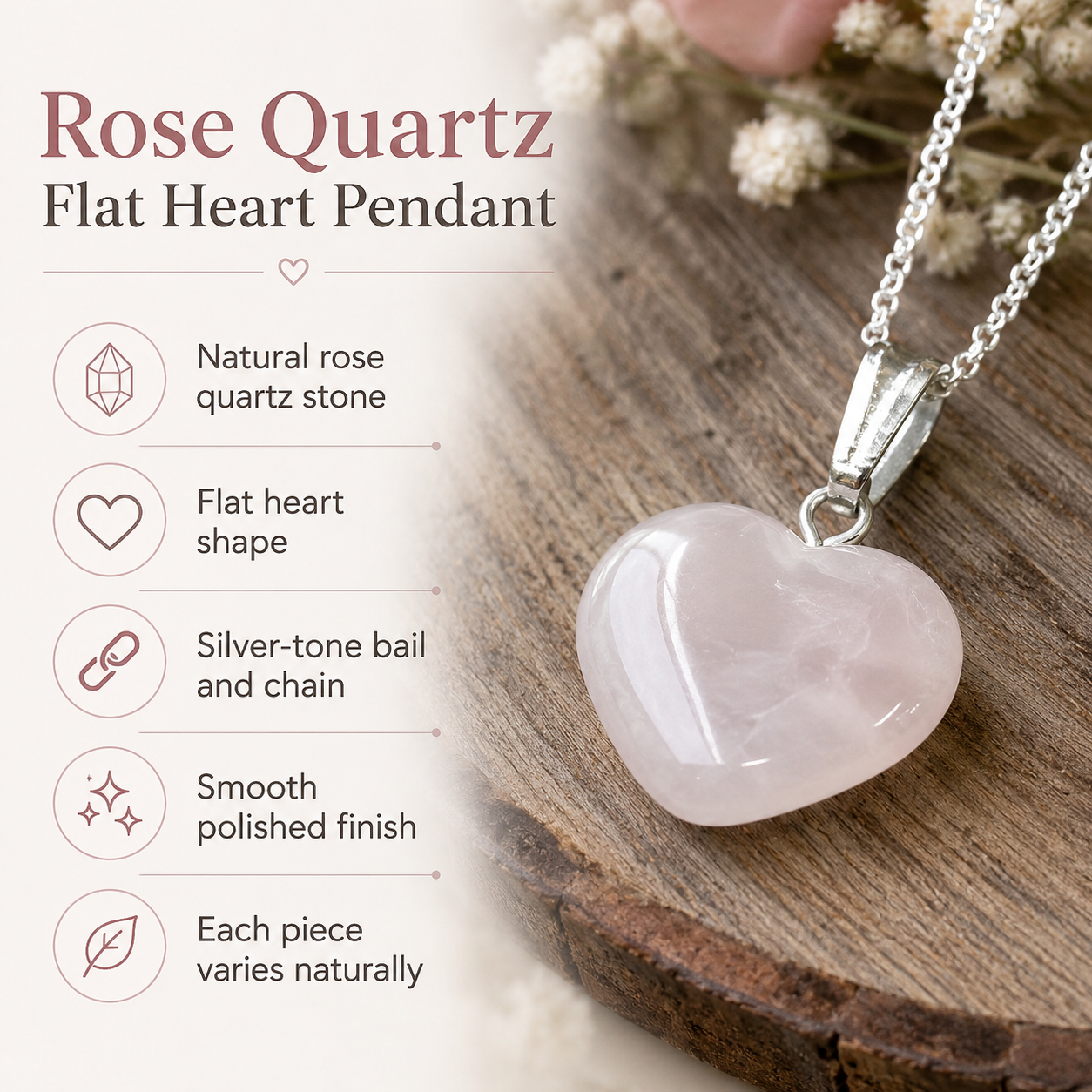 Rose Quartz Heart Pendant, Heart Shaped Stone Rose Quartz Pendants.  DestGlow