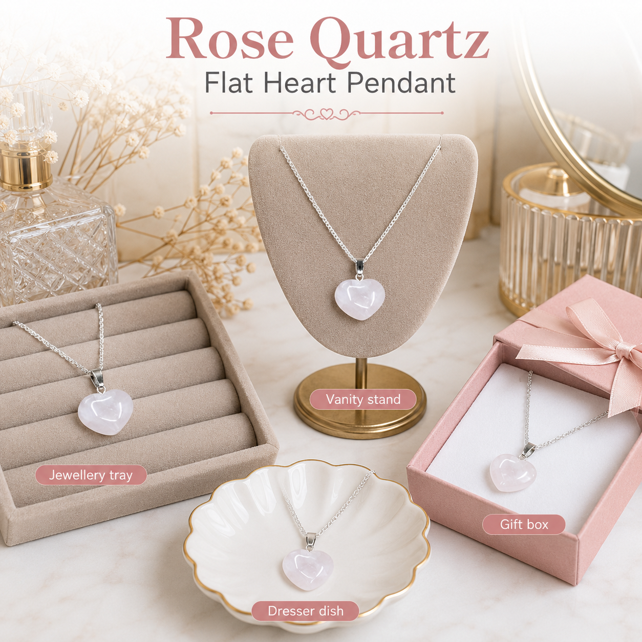 Rose Quartz Heart Pendant, Heart Shaped Stone Rose Quartz Pendants.  DestGlow