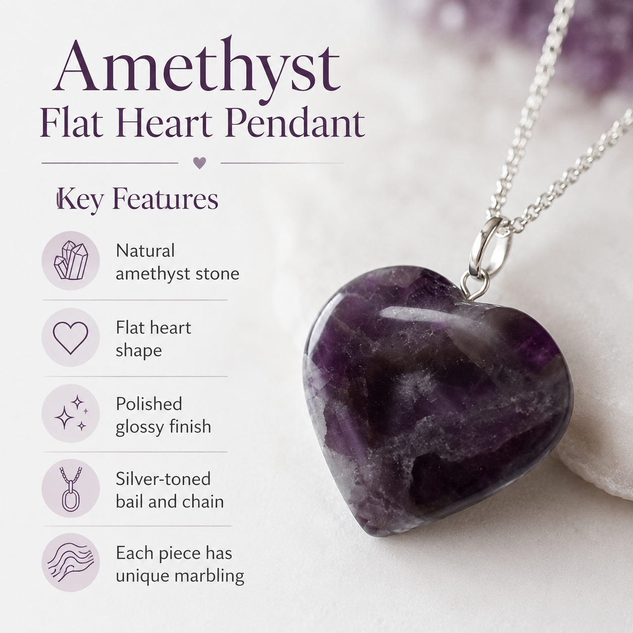 Amethyst Crystal Heart Pendant, Genuine Heart Shaped Necklaces