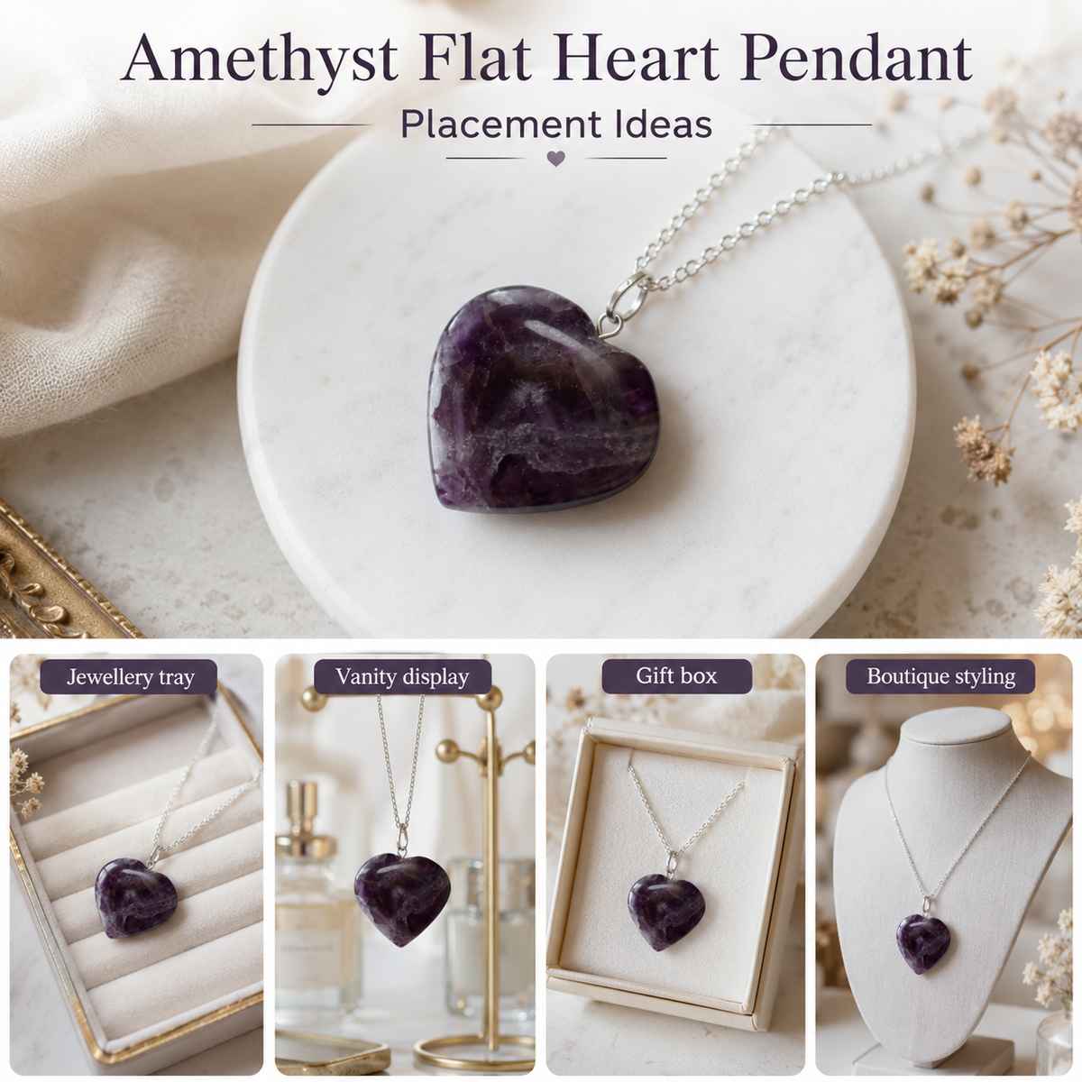 Amethyst Crystal Heart Pendant, Genuine Heart Shaped Necklaces