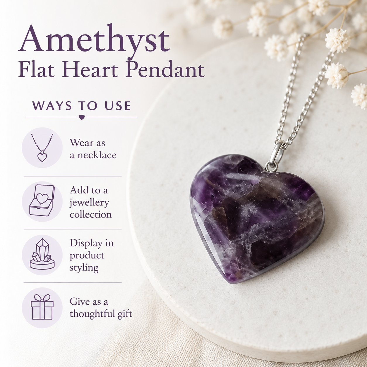 Amethyst Crystal Heart Pendant, Genuine Heart Shaped Necklaces