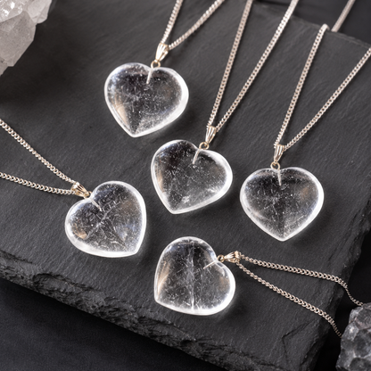 Clear Quartz Crystal Heart Pendant, Genuine Heart Shaped Necklaces.  DestGlow