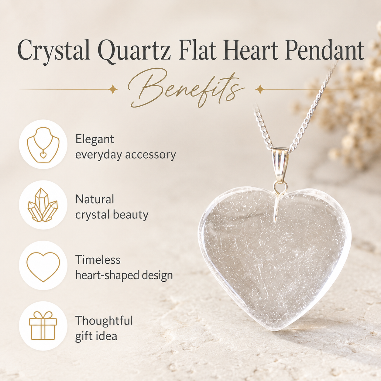 Clear Quartz Crystal Heart Pendant, Genuine Heart Shaped Necklaces.