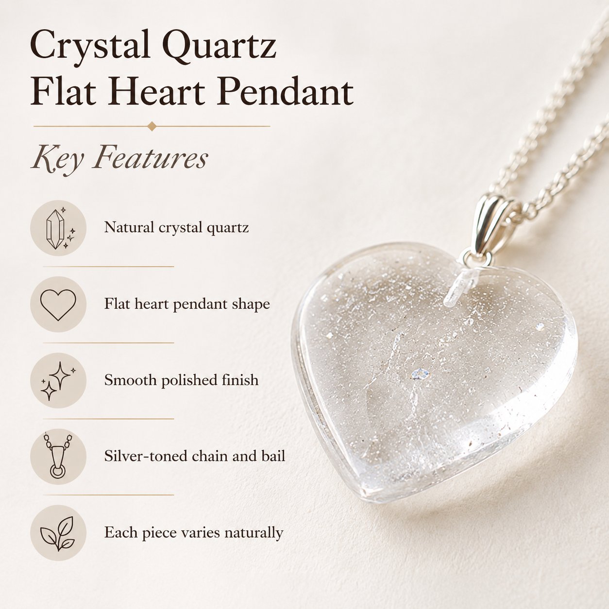 Clear Quartz Crystal Heart Pendant, Genuine Heart Shaped Necklaces.  DestGlow