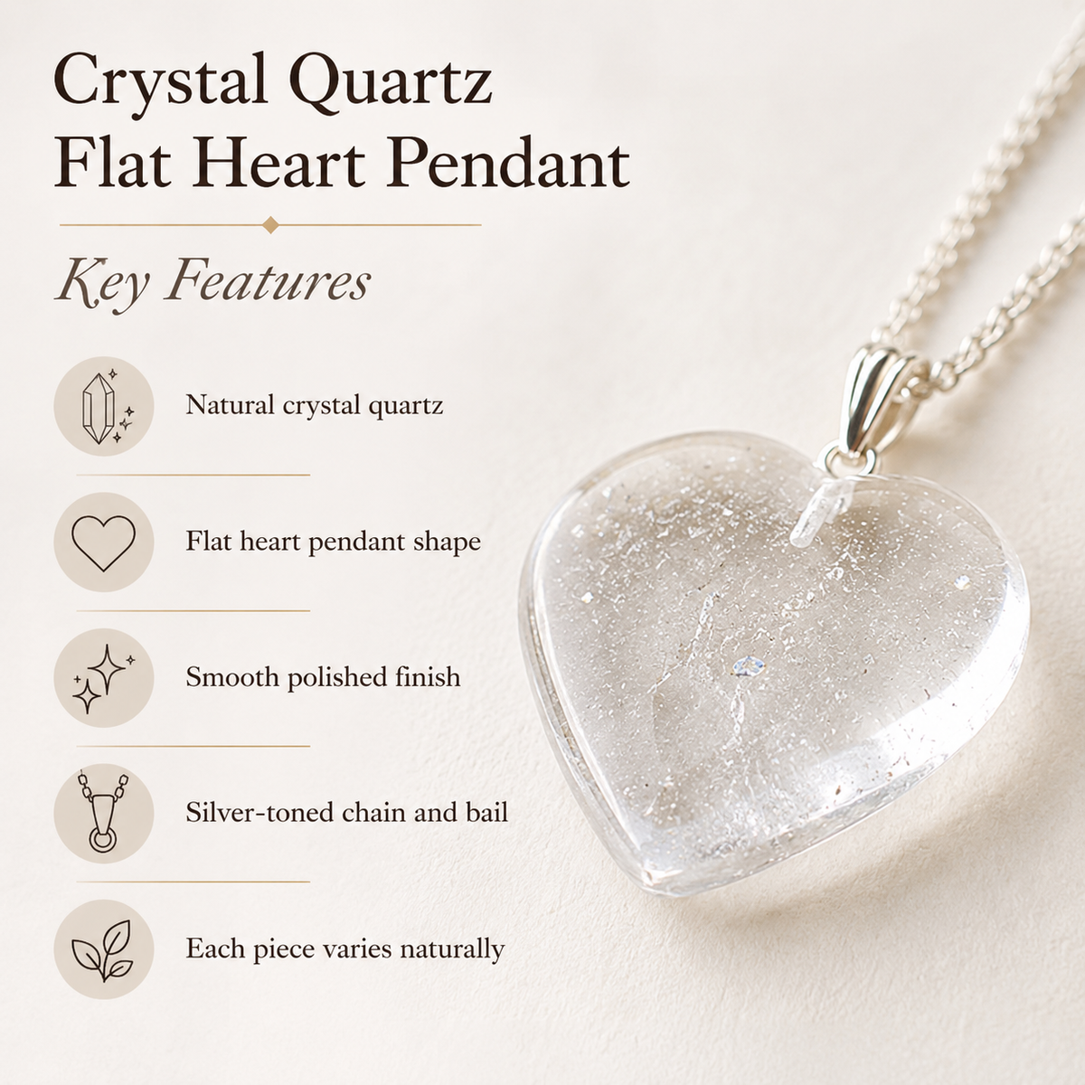 Clear Quartz Crystal Heart Pendant, Genuine Heart Shaped Necklaces.  DestGlow
