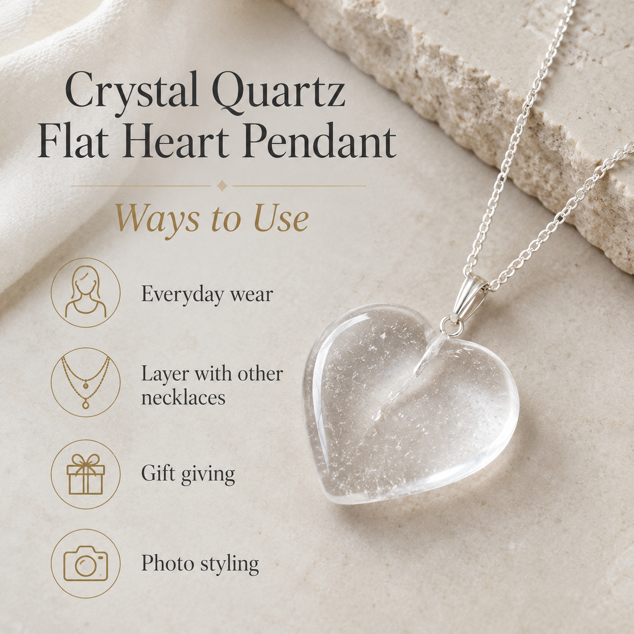 Clear Quartz Crystal Heart Pendant, Genuine Heart Shaped Necklaces.  DestGlow