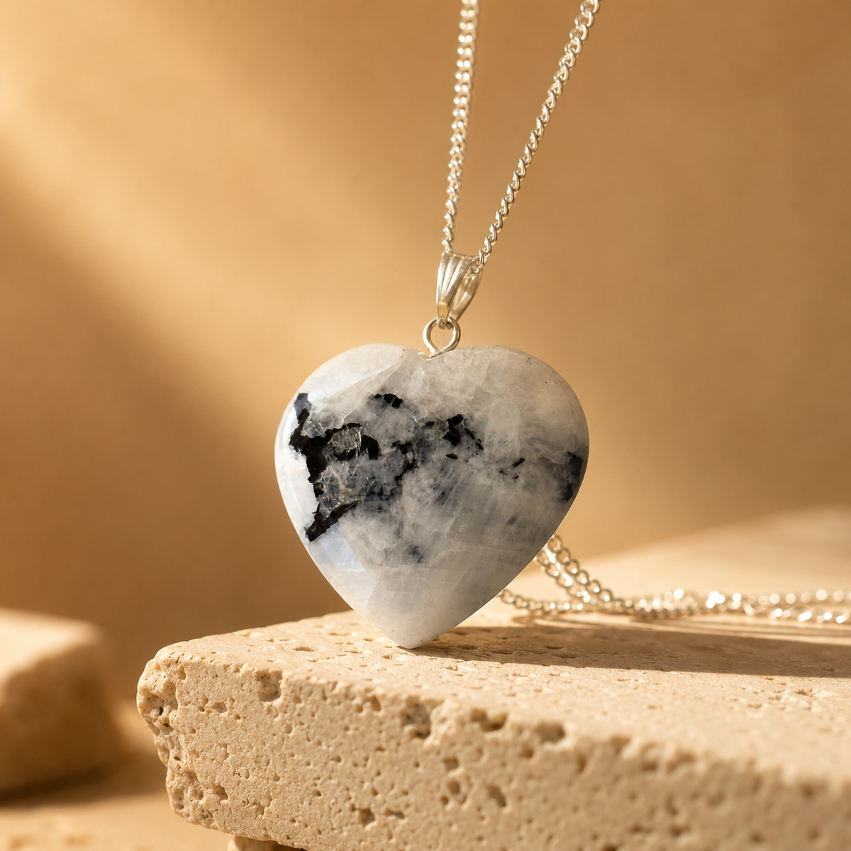 Natural Rainbow Moonstone Crystal Heart Pendant, Genuine Heart Shaped Necklaces  DestGlow