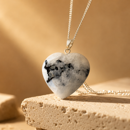 Natural Rainbow Moonstone Crystal Heart Pendant, Genuine Heart Shaped Necklaces  DestGlow