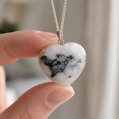 Natural Rainbow Moonstone Crystal Heart Pendant, Genuine Heart Shaped Necklaces