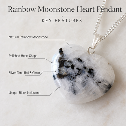 Natural Rainbow Moonstone Crystal Heart Pendant, Genuine Heart Shaped Necklaces  DestGlow