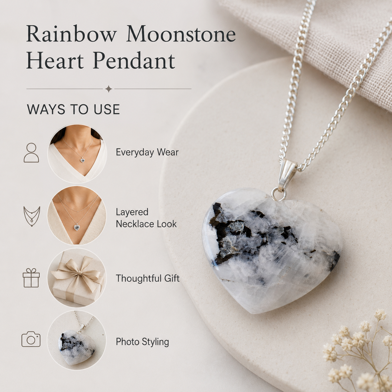 Natural Rainbow Moonstone Crystal Heart Pendant, Genuine Heart Shaped Necklaces  DestGlow