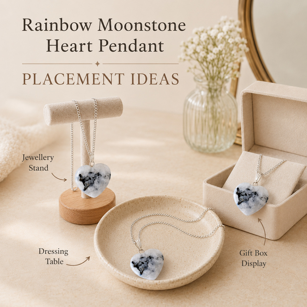Natural Rainbow Moonstone Crystal Heart Pendant, Genuine Heart Shaped Necklaces  DestGlow