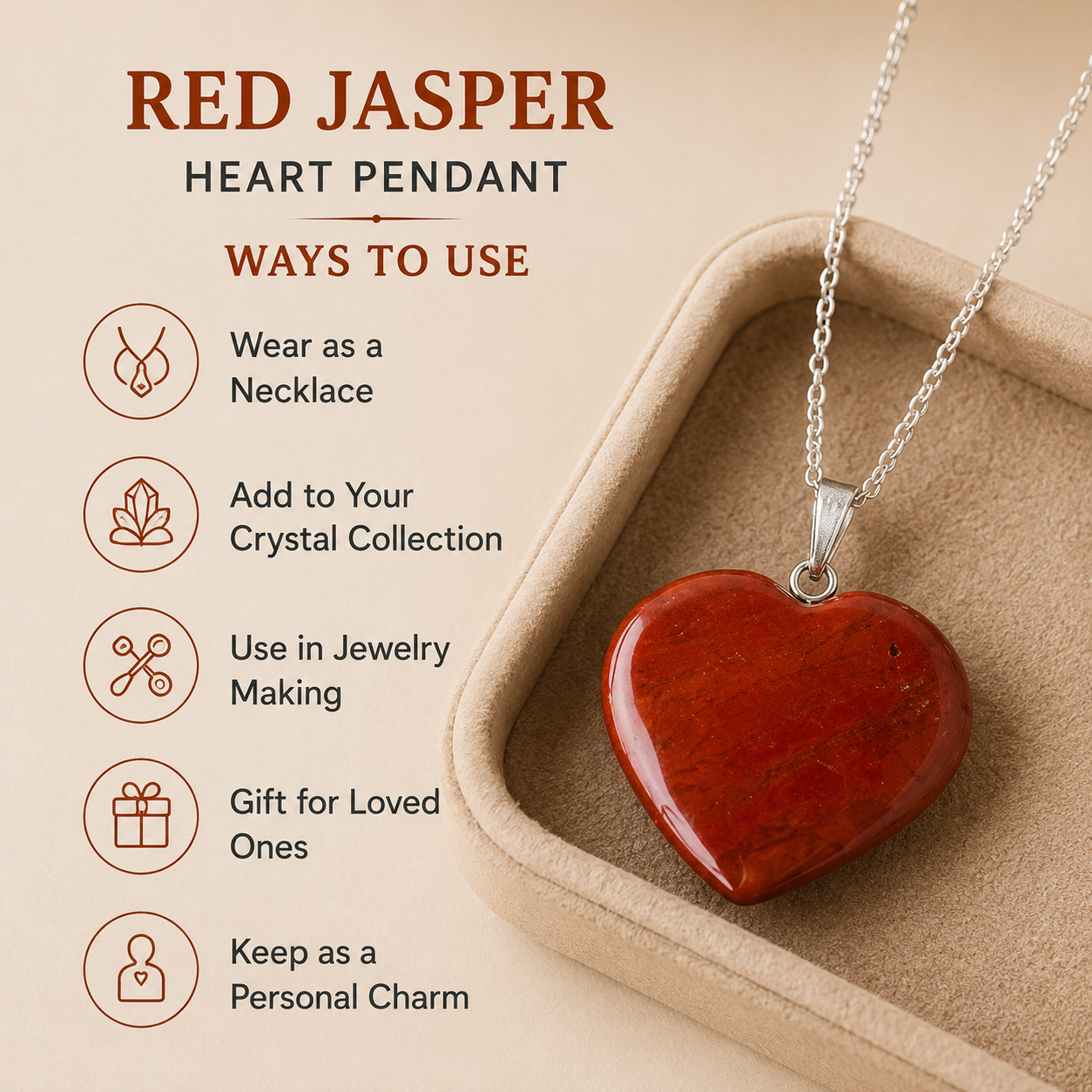 Real Red Jasper Crystal Heart Pendant, Genuine Heart Shaped  DestGlow