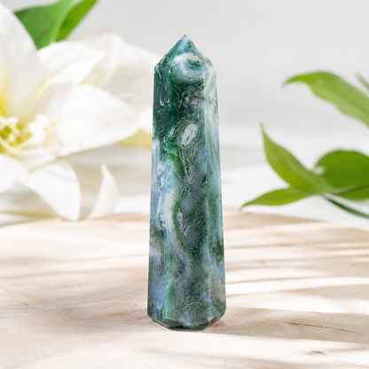 Moss Agate Tower Point (Tranquility and Emotional Balance)  DestGlow