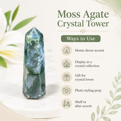 Moss Agate Tower Point (Tranquility and Emotional Balance)  DestGlow