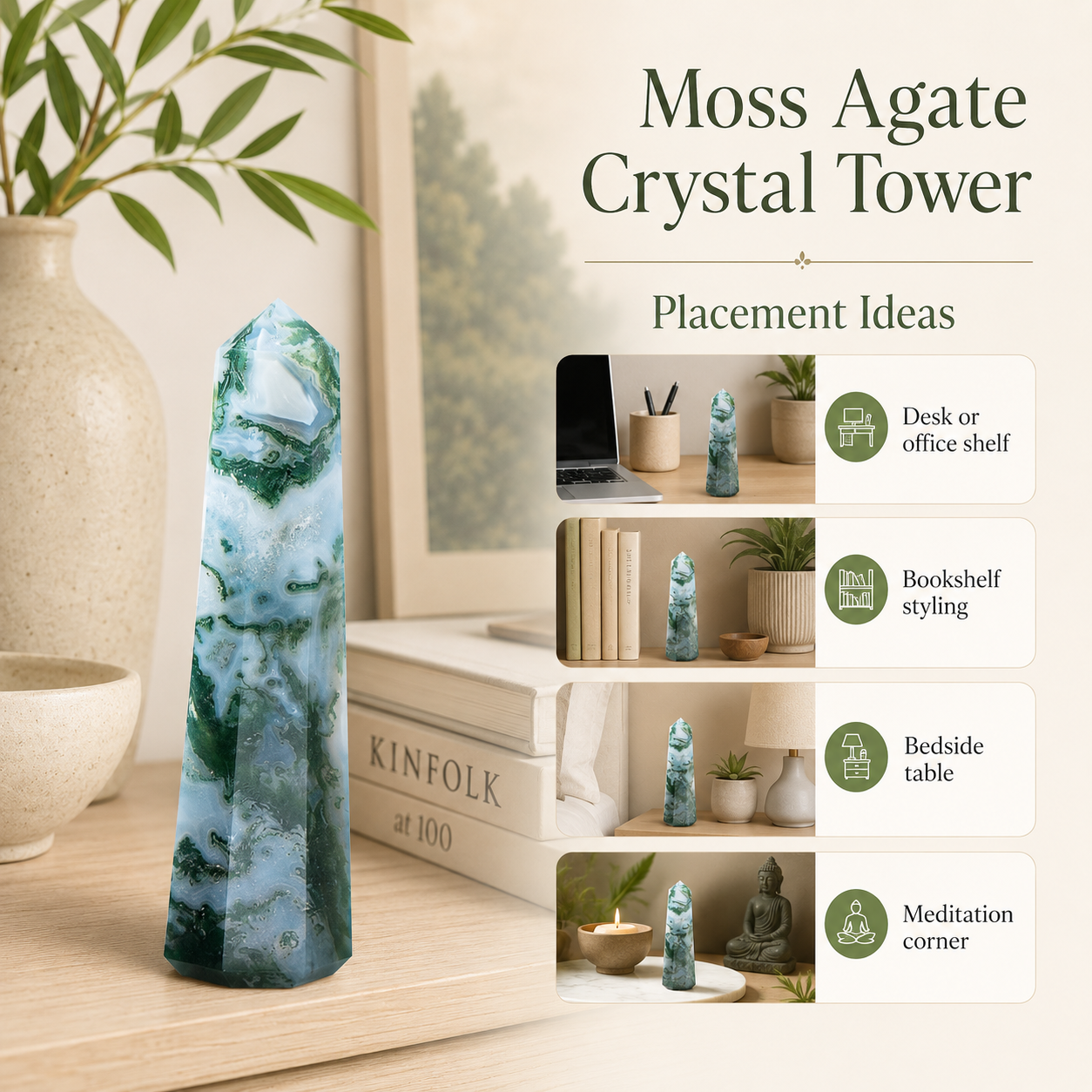 Moss Agate Tower Point (Tranquility and Emotional Balance)