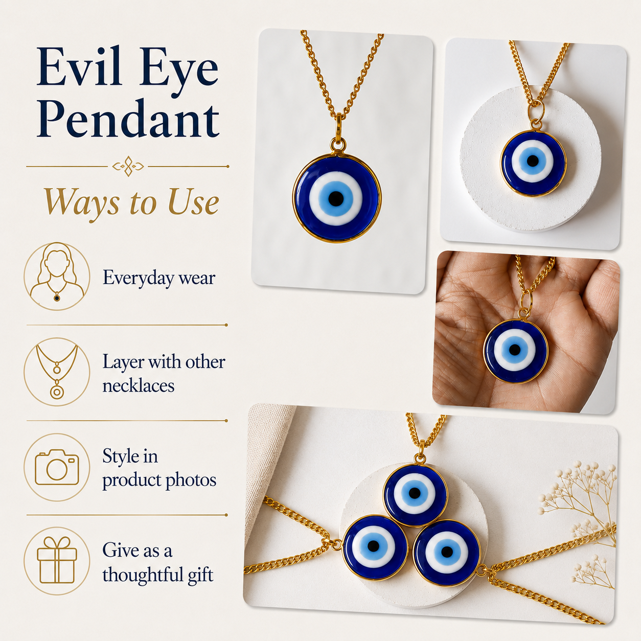 PERIMADE Turkish Evil Eye Pendant Necklace Charm, Blue Glass Evil Eye Bracelet Electroplated Gold Charm
