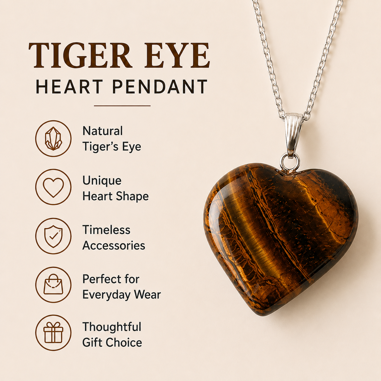 Real Tiger Eye Crystal Heart Pendant, Genuine Heart Shaped Necklaces  DestGlow