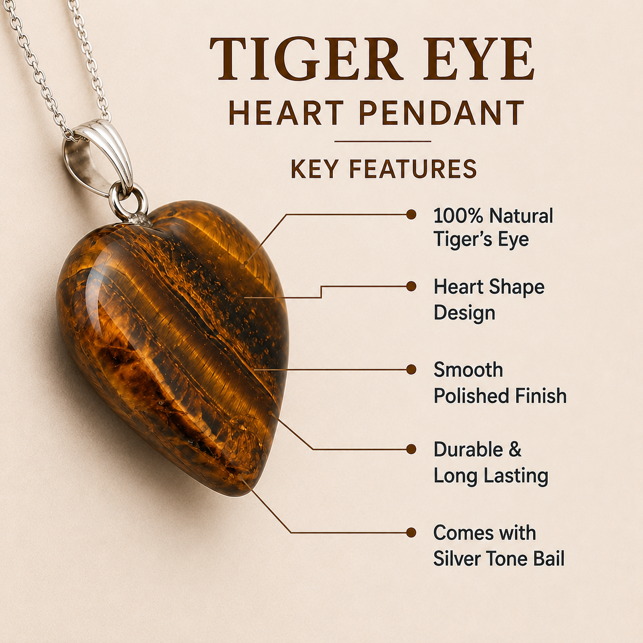Real Tiger Eye Crystal Heart Pendant, Genuine Heart Shaped Necklaces  DestGlow