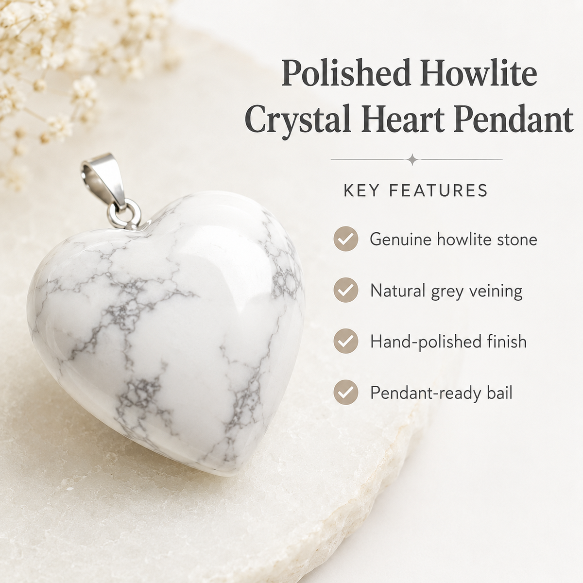 Polished Howlite Crystal Heart Pendant, Genuine Heart Shaped Necklaces  DestGlow