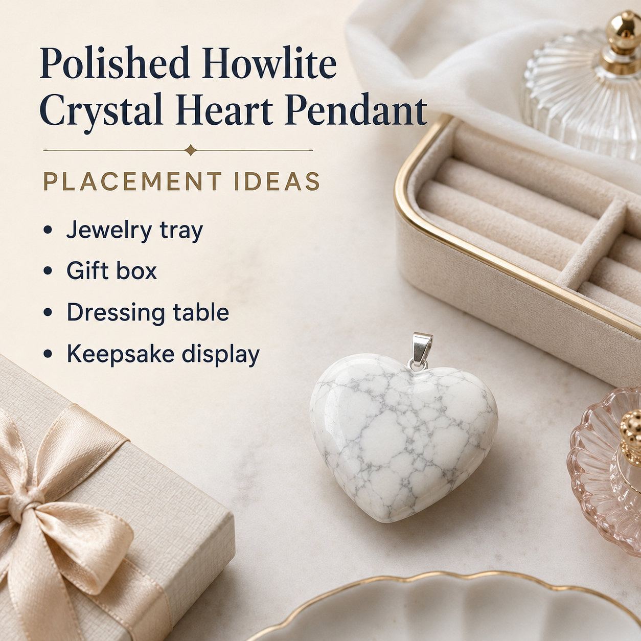 Polished Howlite Crystal Heart Pendant, Genuine Heart Shaped Necklaces  DestGlow