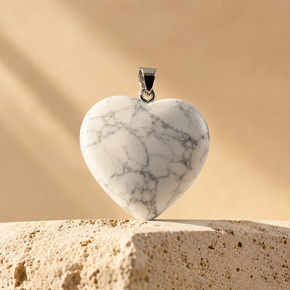 Polished Howlite Crystal Heart Pendant, Genuine Heart Shaped Necklaces  DestGlow