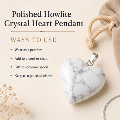 Polished Howlite Crystal Heart Pendant, Genuine Heart Shaped Necklaces  DestGlow