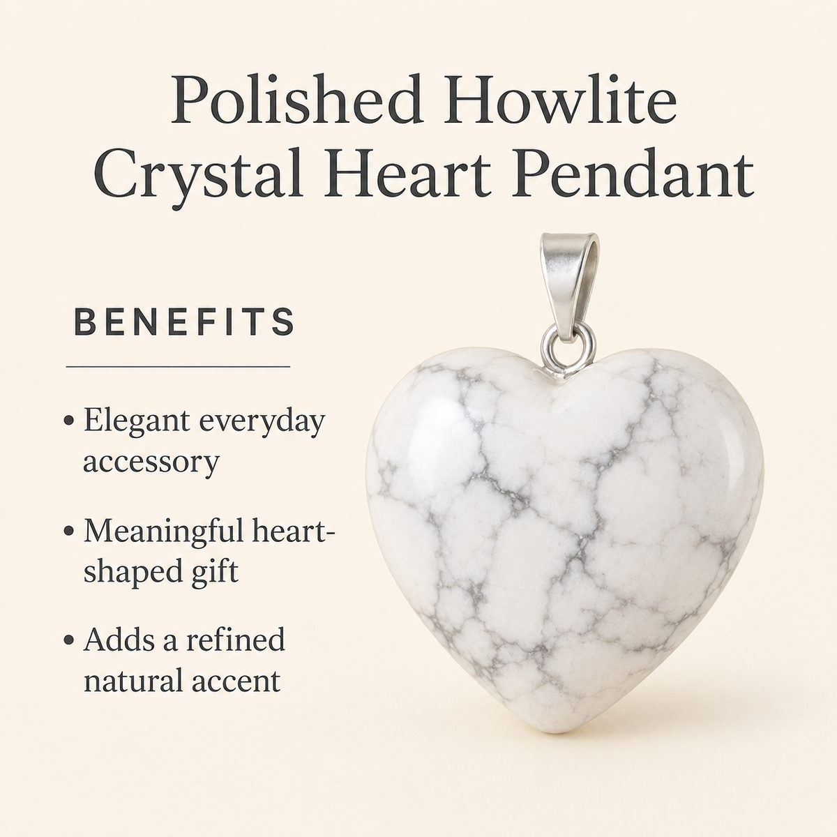 Polished Howlite Crystal Heart Pendant, Genuine Heart Shaped Necklaces  DestGlow