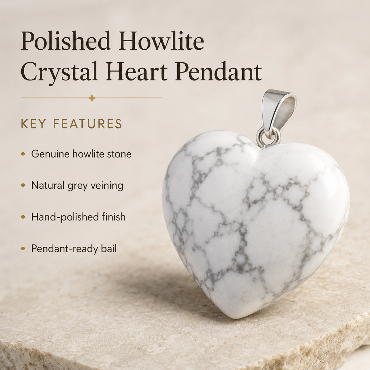 Polished Howlite Crystal Heart Pendant, Genuine Heart Shaped Necklaces  DestGlow