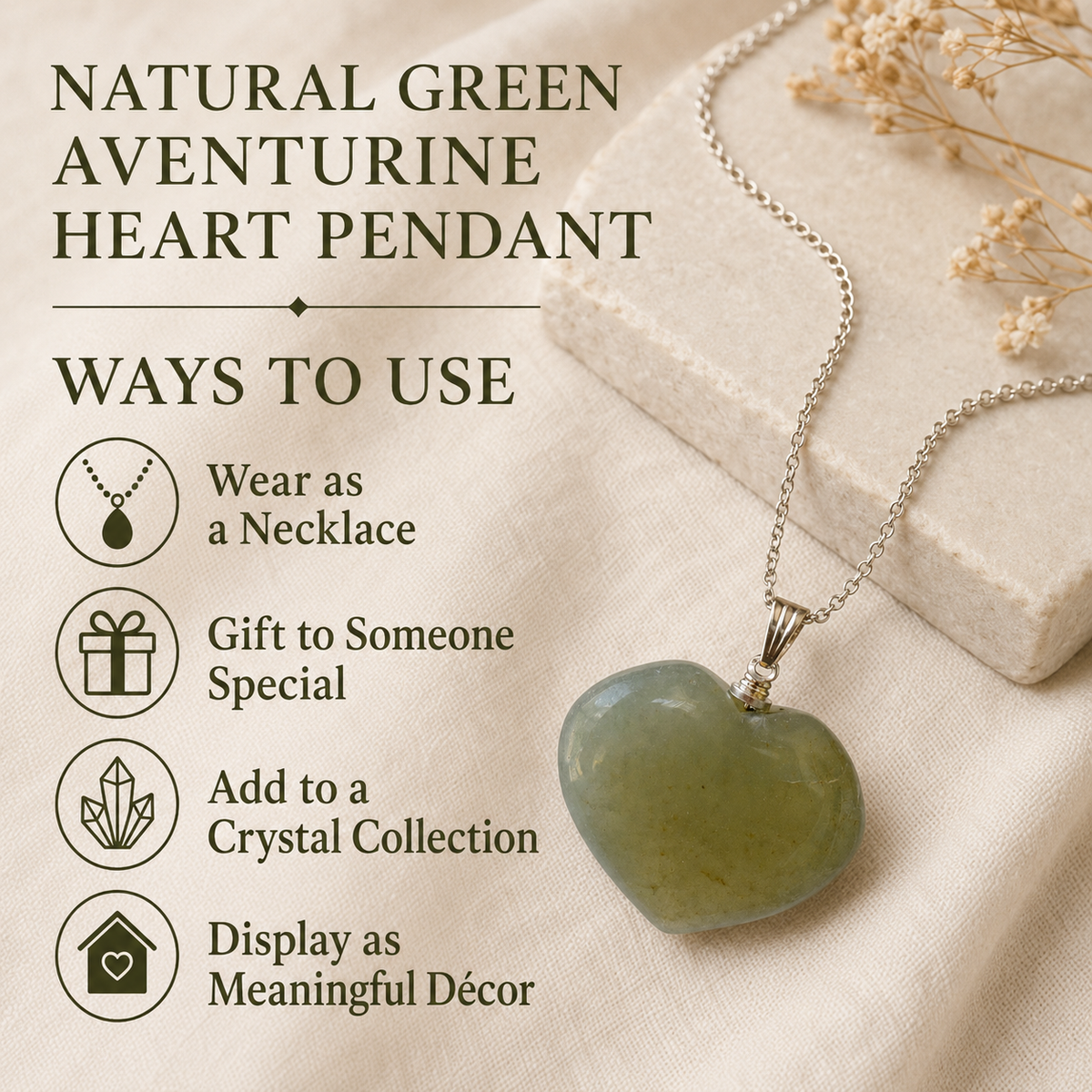 Real Green Aventurine Crystal Heart Pendant, Genuine Heart Shaped Necklaces  DestGlow