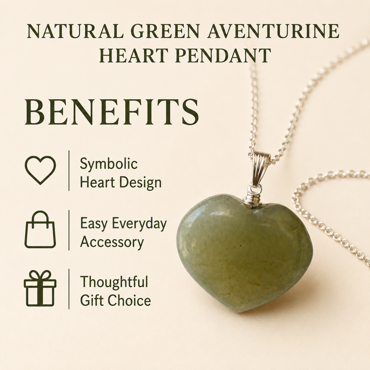 Real Green Aventurine Crystal Heart Pendant, Genuine Heart Shaped Necklaces
