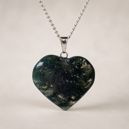 Real Moss Agate Crystal Heart Pendant, Genuine Heart Shaped Necklaces, Polished Gemstone Charm  DestGlow