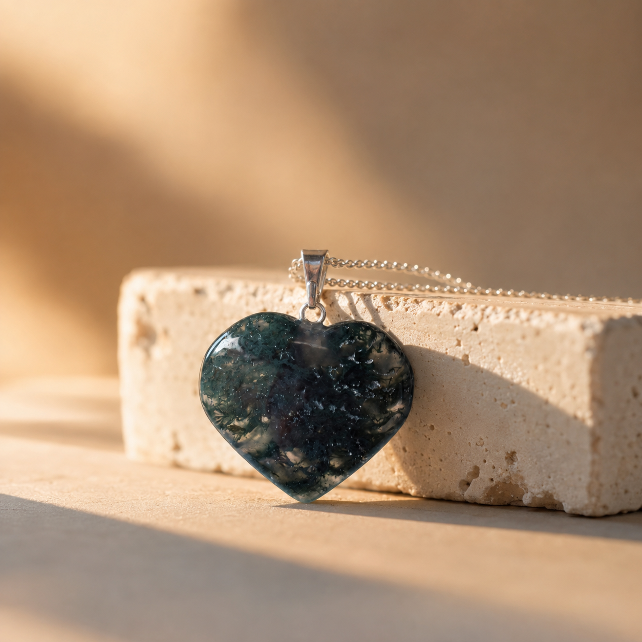 Real Moss Agate Crystal Heart Pendant, Genuine Heart Shaped Necklaces, Polished Gemstone Charm  DestGlow