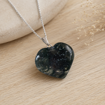 Real Moss Agate Crystal Heart Pendant, Genuine Heart Shaped Necklaces, Polished Gemstone Charm  DestGlow