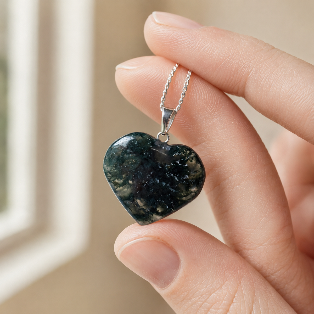 Real Moss Agate Crystal Heart Pendant, Genuine Heart Shaped Necklaces, Polished Gemstone Charm  DestGlow