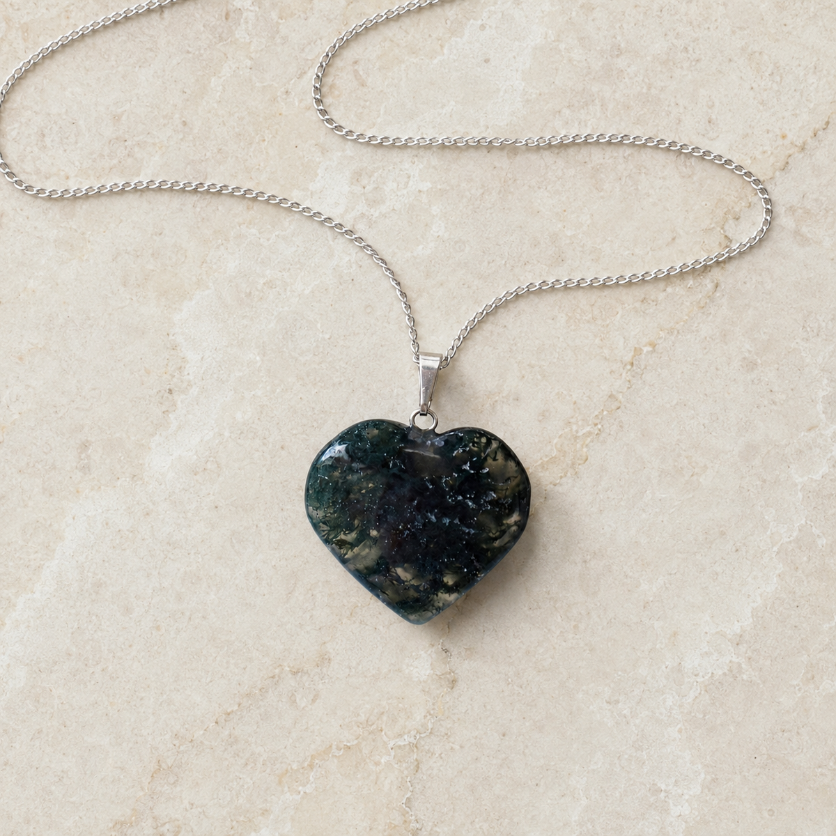 Real Moss Agate Crystal Heart Pendant, Genuine Heart Shaped Necklaces, Polished Gemstone Charm  DestGlow