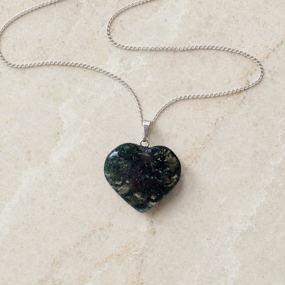 Real Moss Agate Crystal Heart Pendant, Genuine Heart Shaped Necklaces, Polished Gemstone Charm  DestGlow