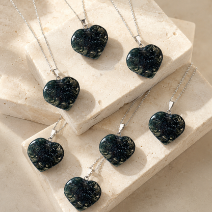 Real Moss Agate Crystal Heart Pendant, Genuine Heart Shaped Necklaces, Polished Gemstone Charm  DestGlow