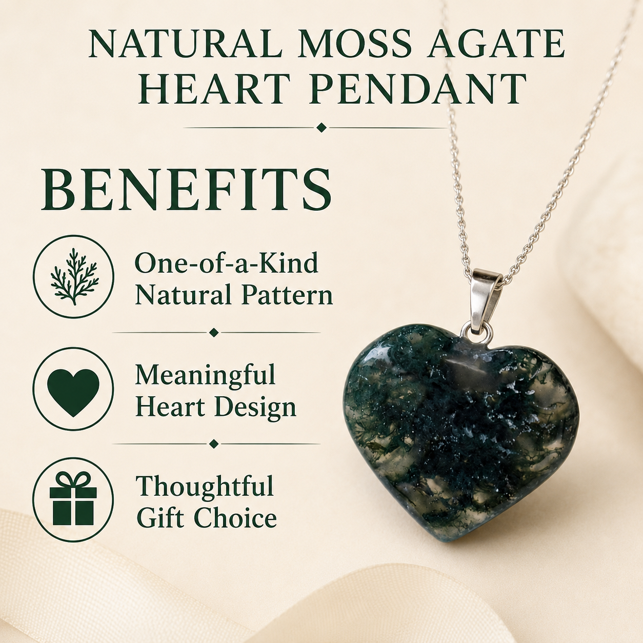 Real Moss Agate Crystal Heart Pendant, Genuine Heart Shaped Necklaces, Polished Gemstone Charm  DestGlow