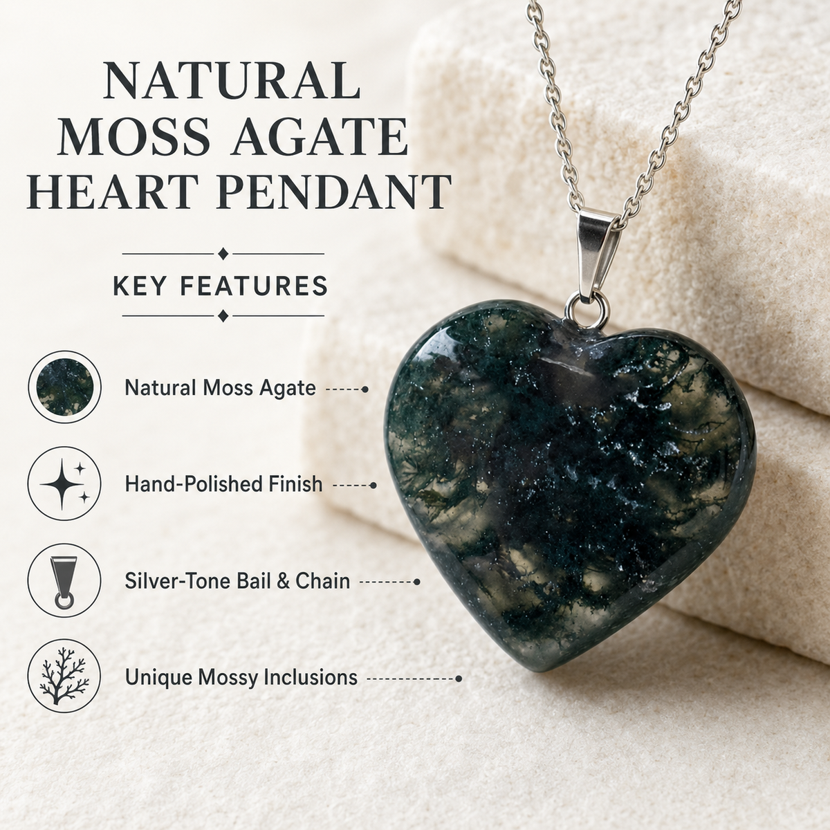 Real Moss Agate Crystal Heart Pendant, Genuine Heart Shaped Necklaces, Polished Gemstone Charm  DestGlow