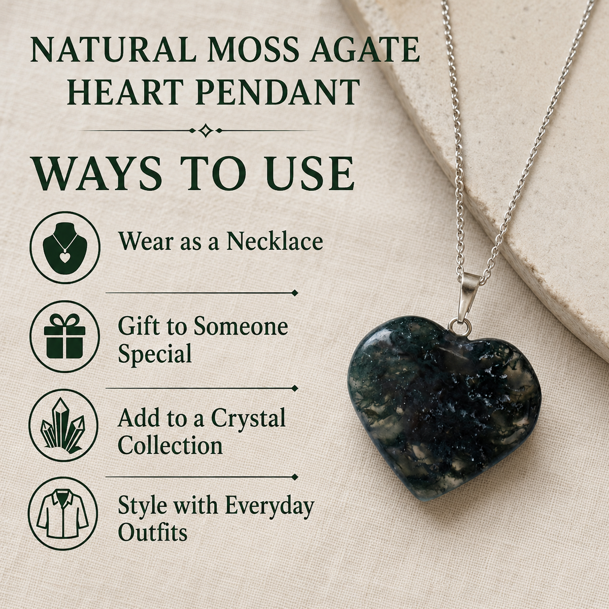 Real Moss Agate Crystal Heart Pendant, Genuine Heart Shaped Necklaces, Polished Gemstone Charm  DestGlow