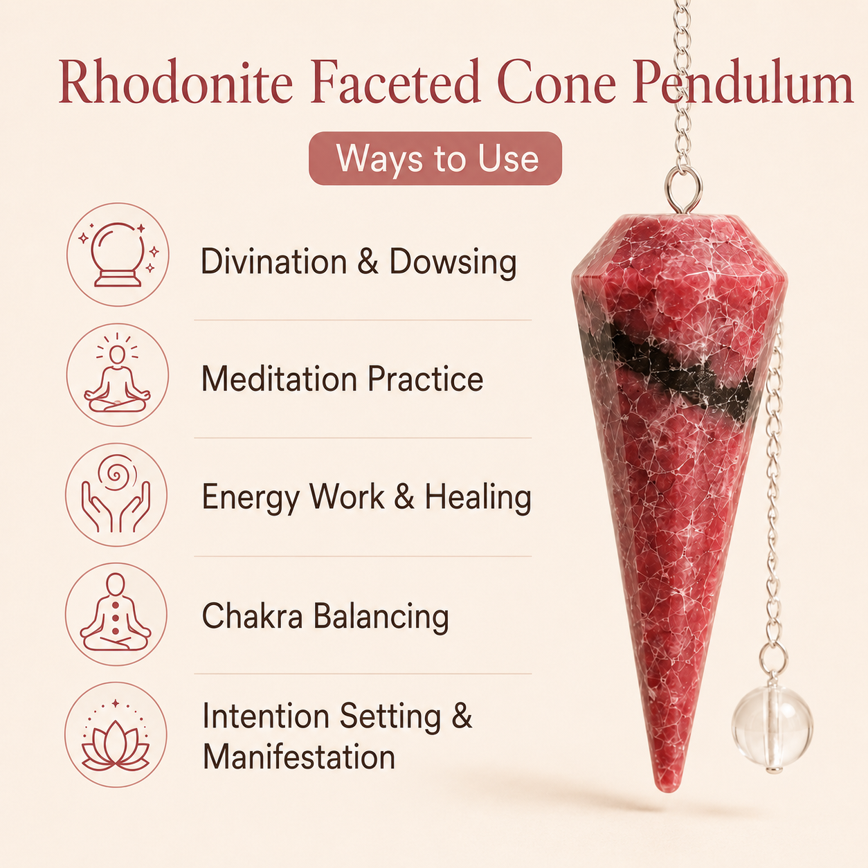 Rhodonite Faceted Hexagon Pendulum, Crystal Pendulum  DestGlow