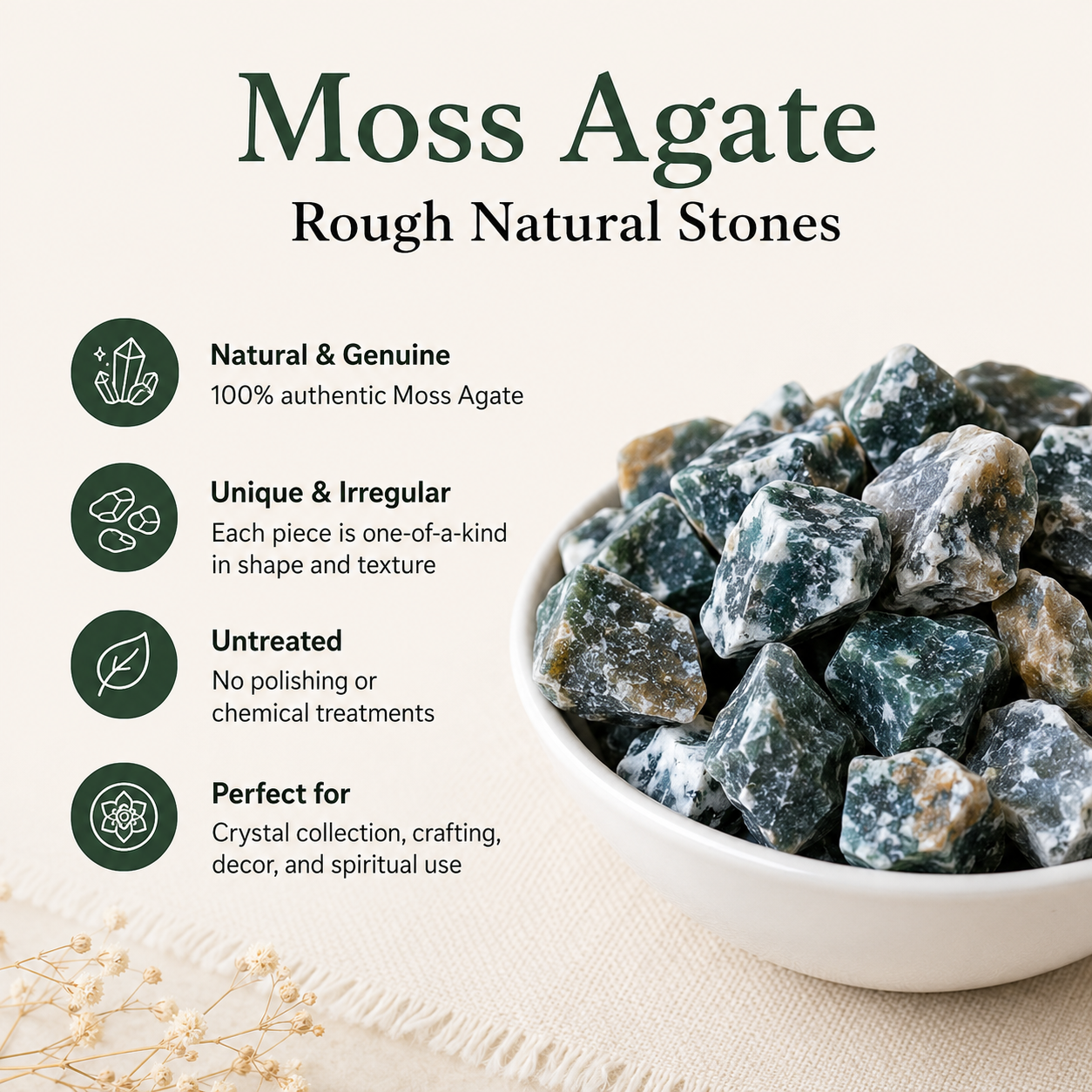 Moss Agate Rough Rocks(Encourage Tranquility and Emotional Balance)
