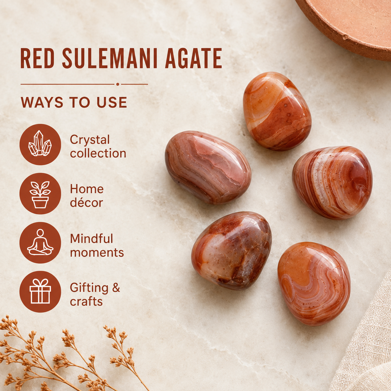 Red Sulemani Agate Tumbled Crystals (Improves Physical and Mental Health)  DestGlow